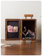 Wooden Piggy Bank with Lock and Handle, Portable Cash & Coin Storage Box