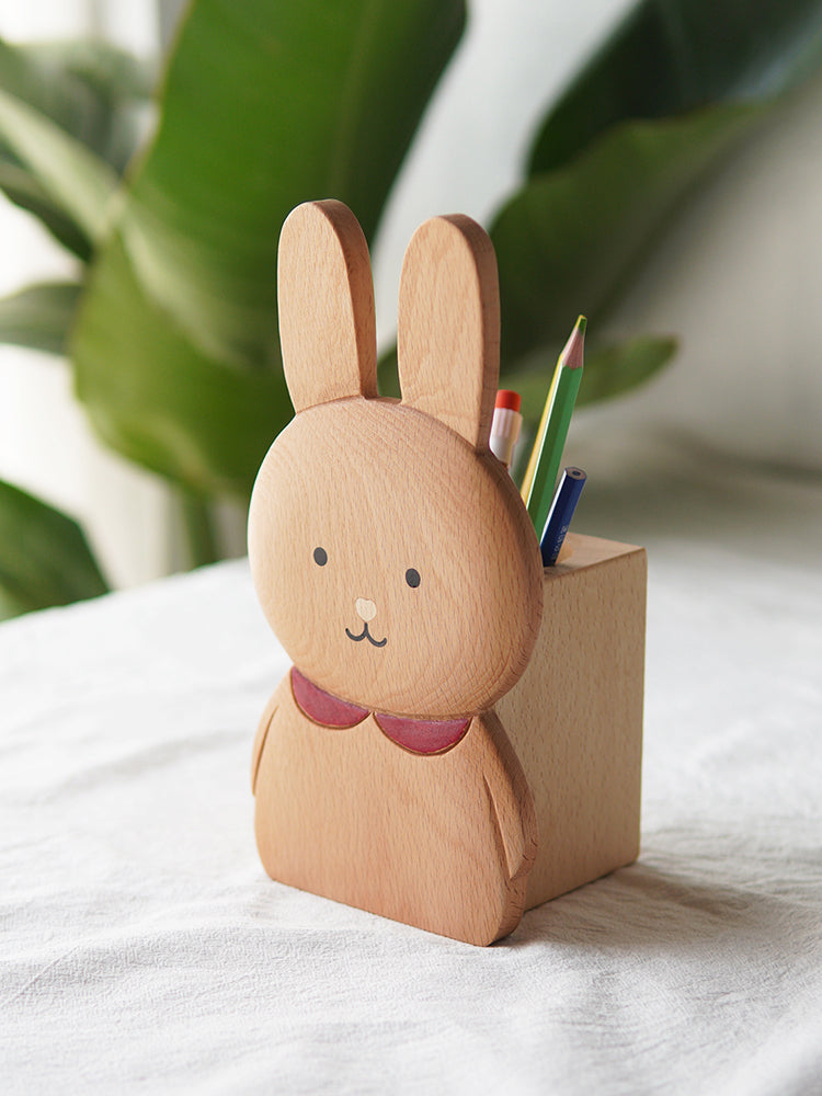Cute Wooden Bunny Pen Holder & Storage Box, 2 - in - 1 Desk Organizer