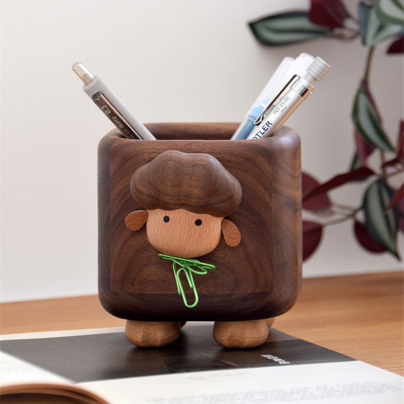 Wooden Sheep Pen Holder & Magnetic Paper Clip Dispenser - Cute Animal Desktop Organizer for Office Desk & Study Room Decor
