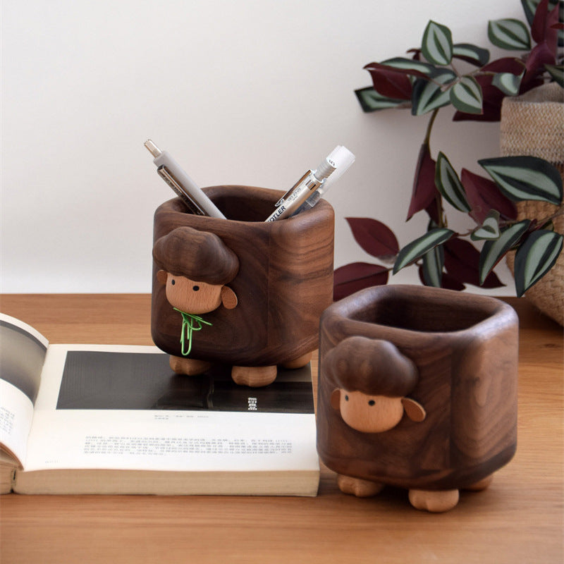 Wooden Sheep Pen Holder & Magnetic Paper Clip Dispenser - Cute Animal Desktop Organizer for Office Desk & Study Room Decor