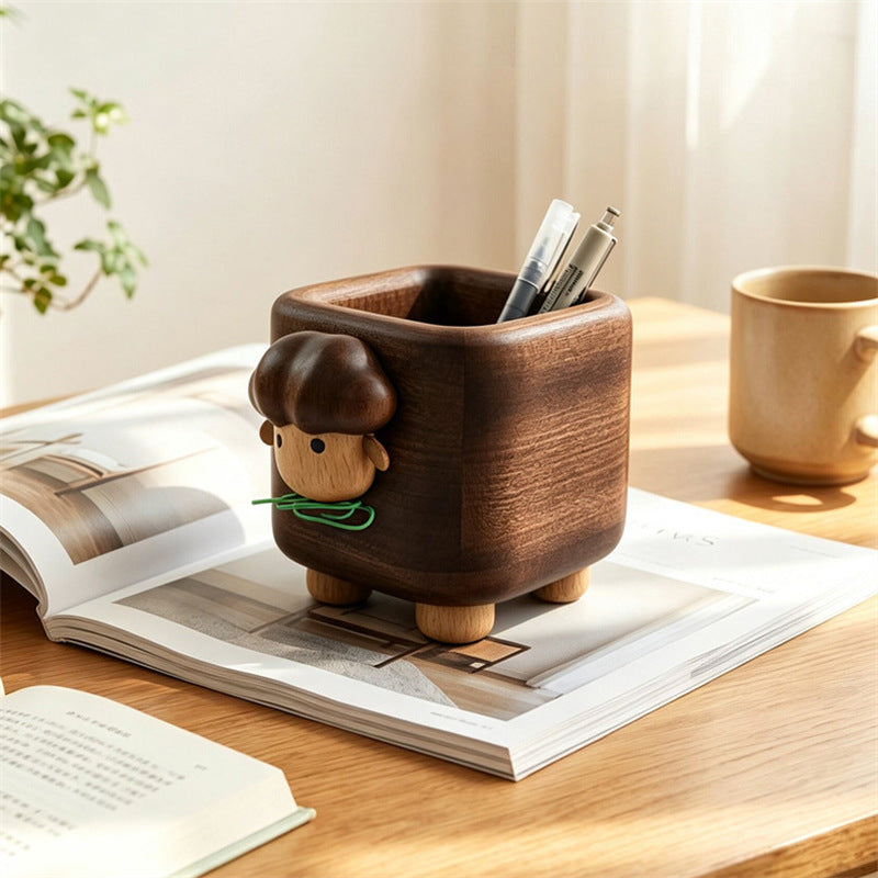 Wooden Sheep Pen Holder & Magnetic Paper Clip Dispenser - Cute Animal Desktop Organizer for Office Desk & Study Room Decor