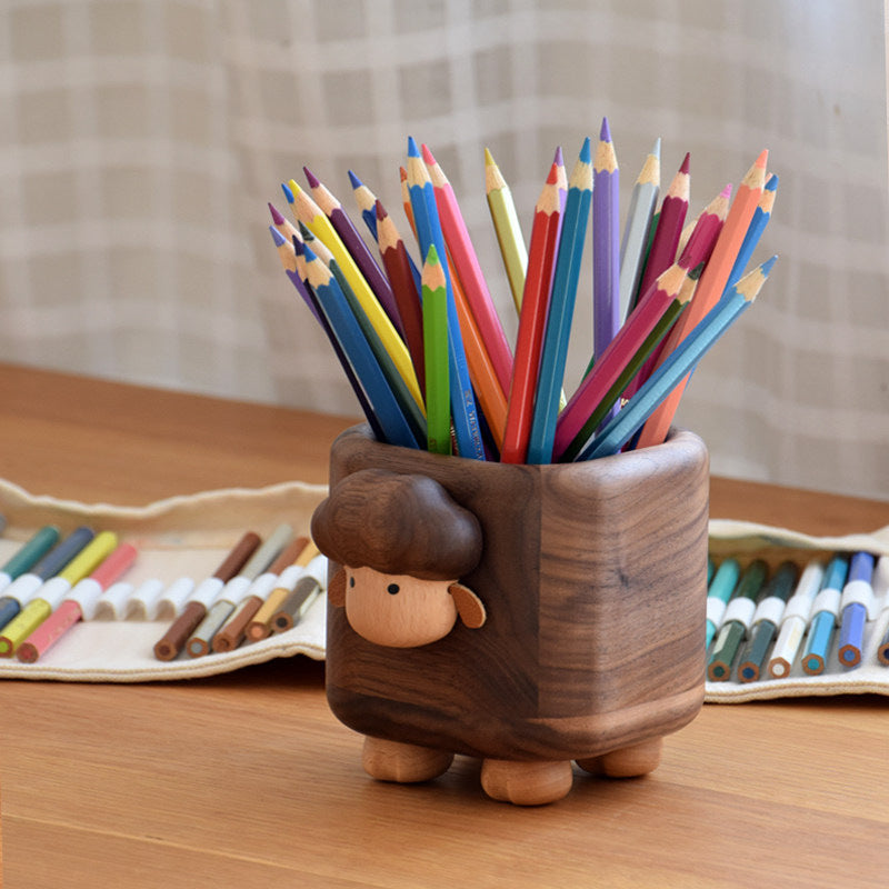 Wooden Sheep Pen Holder & Magnetic Paper Clip Dispenser - Cute Animal Desktop Organizer for Office Desk & Study Room Decor