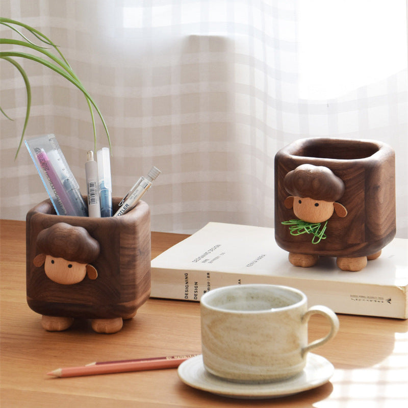 Wooden Sheep Pen Holder & Magnetic Paper Clip Dispenser - Cute Animal Desktop Organizer for Office Desk & Study Room Decor