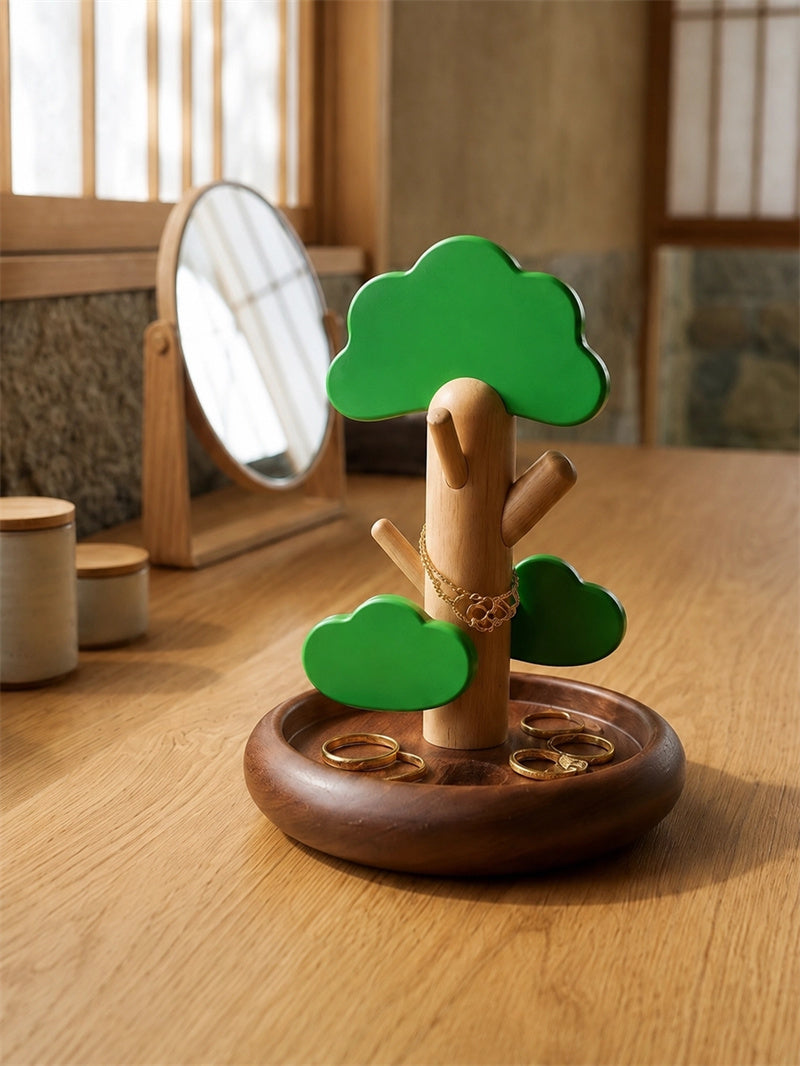 Wooden Tree Jewelry Stand Organizer Tray – Wood Necklace & Earring Display Holder for Vanity & Dresser Decor